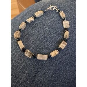 rectangular jasper and black glass beads Sterling Silver Bracelet 7.5" #585